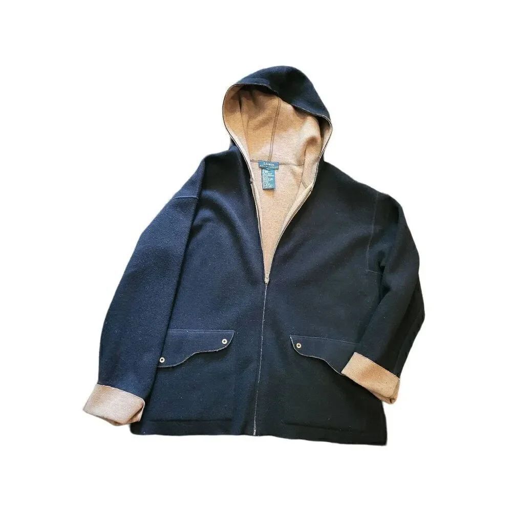 Vintage 1990s Ralph Lauren Jacket Women's Large Black Tan Felted Wool Blend